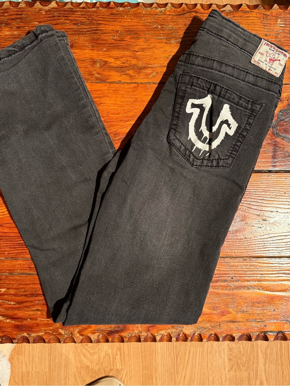 True Religion Ricky Relaxed Straight Jeans Black Boys Sz 12 Paint Drip Horseshoe